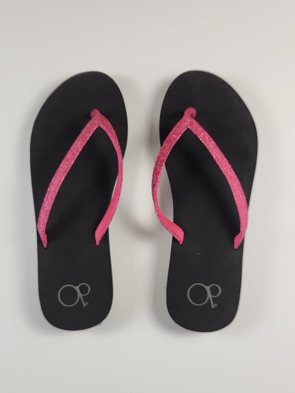 OP Women's Black Flip Flops with Pink Glitter Straps Large fits sizes 9-10